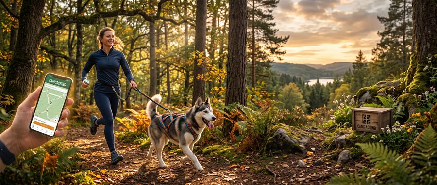 Une coureuse et son husky sur un sentier forestier au soleil couchant ; au premier plan, un téléphone affiche la carte des caches Balade OXA.